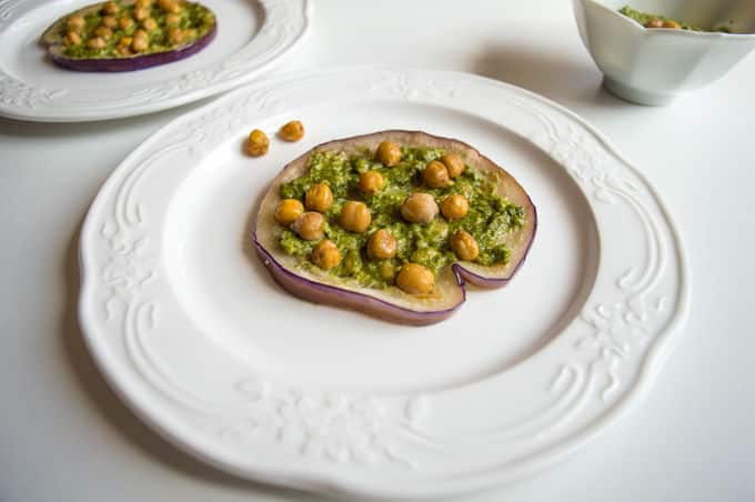 Eggplant Rounds with Cilantro Pesto and Crispy Chickpeas #vegan #lowfodmap