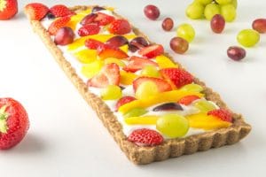 a low fodmap fruit tart surrounded by fresh fruit