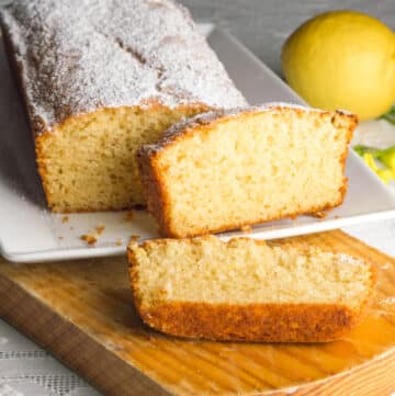platter with a sliced yogurt lemon cake