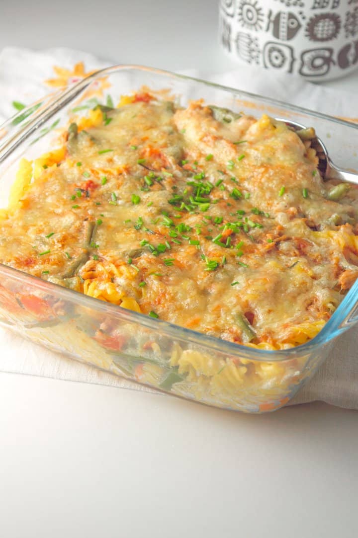 tuna noodles casserole with a serving spoon