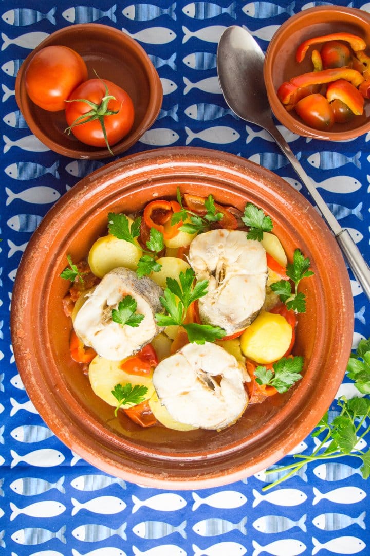 clay platter with low fodmap mediterranean fish stew