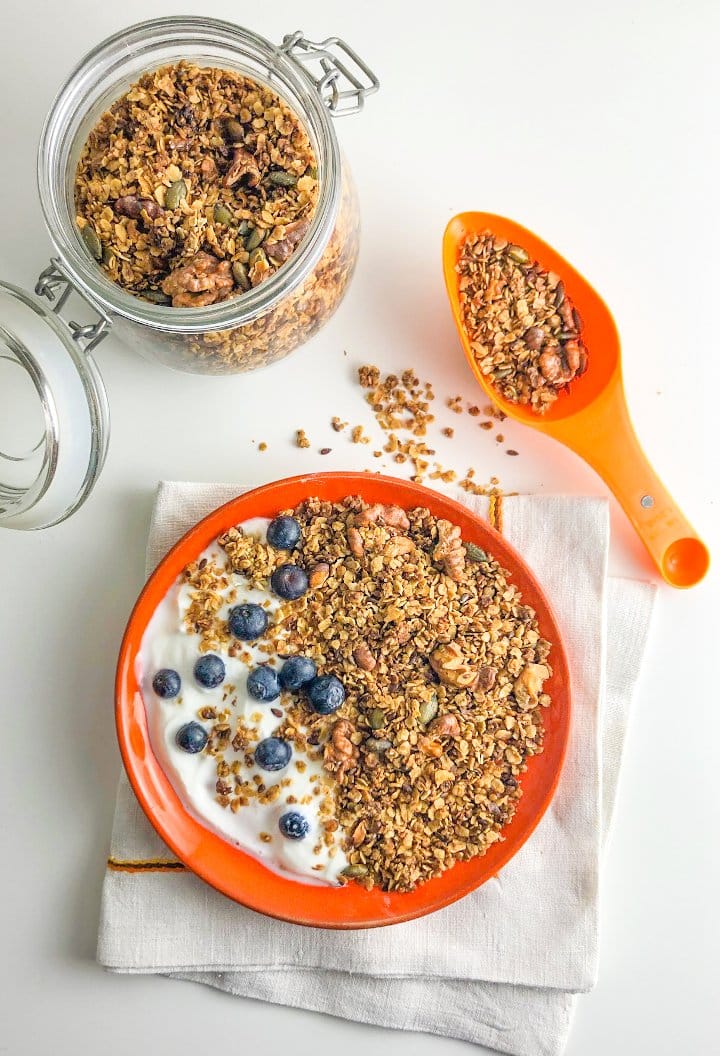 low fodmap granola on a plate and jar